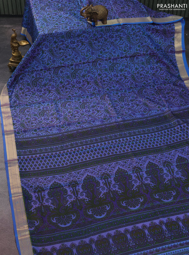Printed silk saree dual shade of pinkish blue with allover prints and zari woven border
