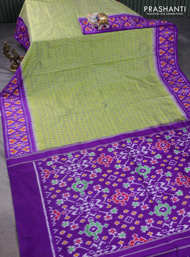 Pochampally silk saree green and violet with allover ikat butta weaves and temple design ikat woven border