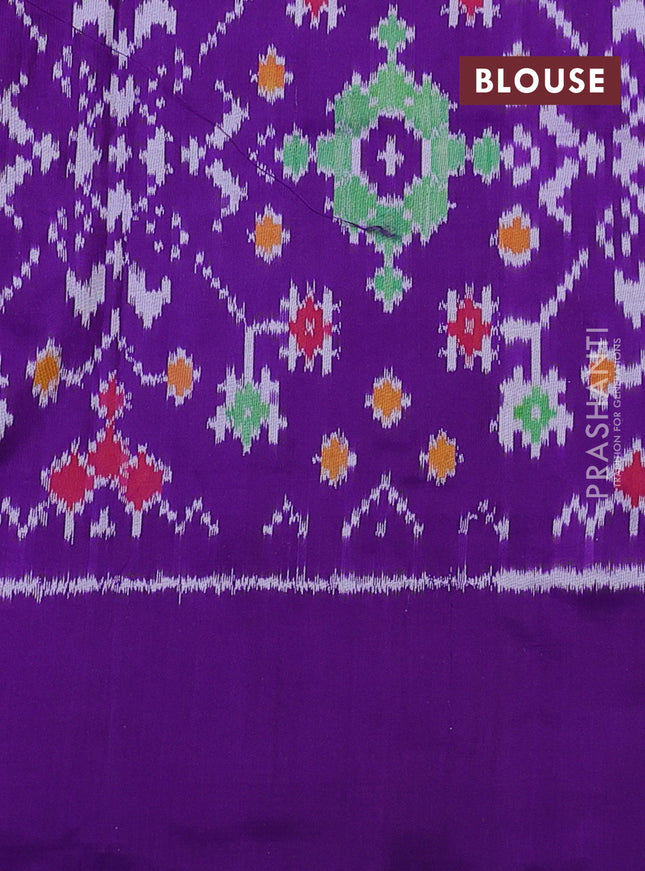 Pochampally silk saree green and violet with allover ikat butta weaves and temple design ikat woven border