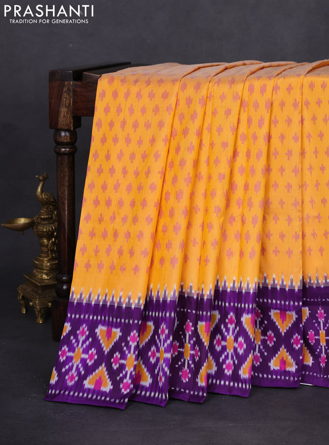 Pochampally silk saree yellow and violet with allover ikat butta weaves and temple design ikat woven border