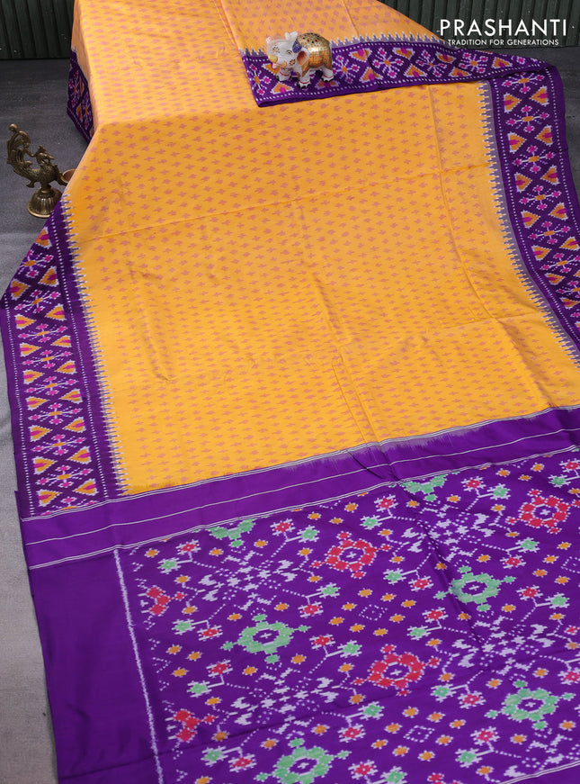 Pochampally silk saree yellow and violet with allover ikat butta weaves and temple design ikat woven border