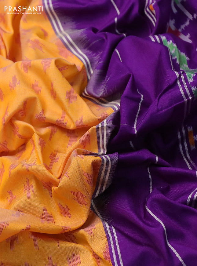 Pochampally silk saree yellow and violet with allover ikat butta weaves and temple design ikat woven border