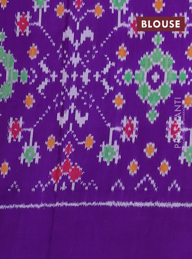 Pochampally silk saree yellow and violet with allover ikat butta weaves and temple design ikat woven border