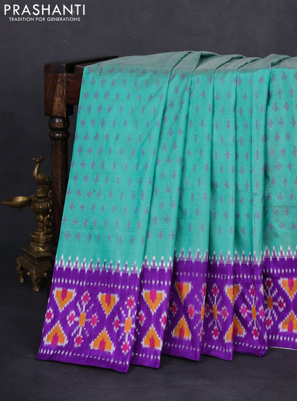 Pochampally silk saree teal green and violet with allover ikat butta weaves and temple design ikat woven border