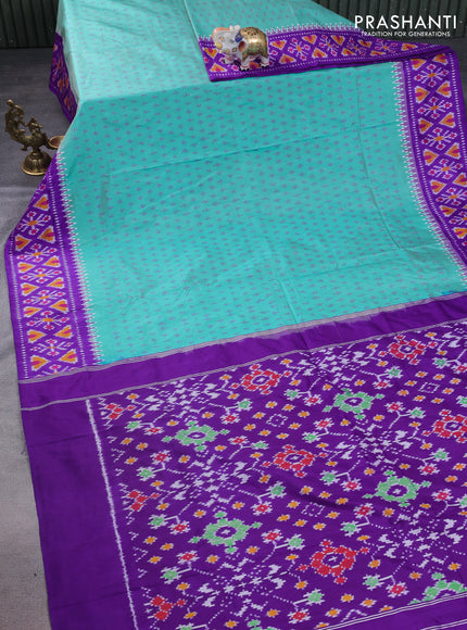 Pochampally silk saree teal green and violet with allover ikat butta weaves and temple design ikat woven border