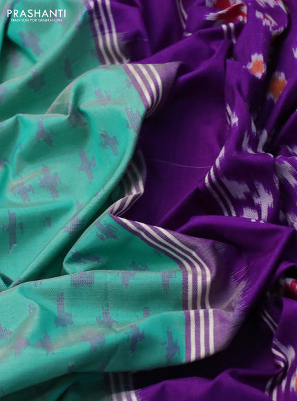 Pochampally silk saree teal green and violet with allover ikat butta weaves and temple design ikat woven border