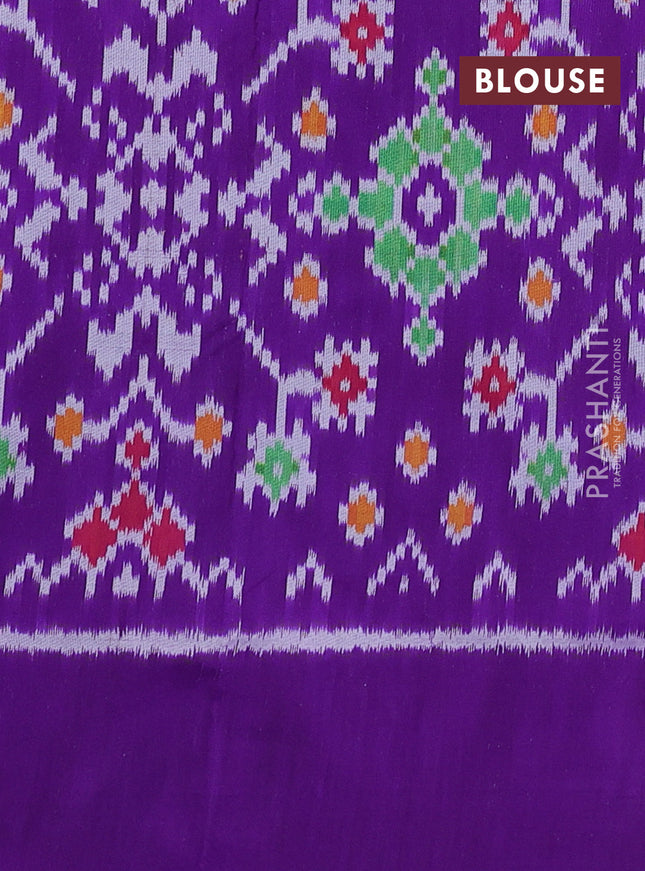 Pochampally silk saree teal green and violet with allover ikat butta weaves and temple design ikat woven border