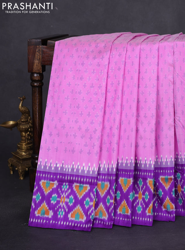 Pochampally silk saree lotus pink and violet with allover ikat butta weaves and temple design ikat woven border