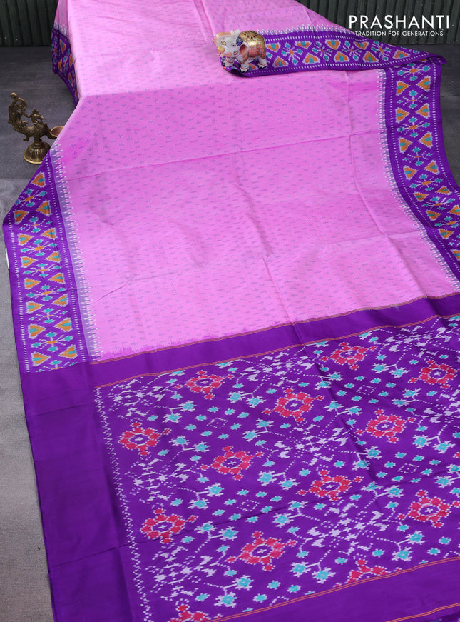 Pochampally silk saree lotus pink and violet with allover ikat butta weaves and temple design ikat woven border