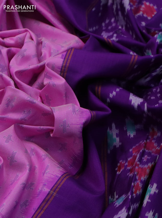 Pochampally silk saree lotus pink and violet with allover ikat butta weaves and temple design ikat woven border