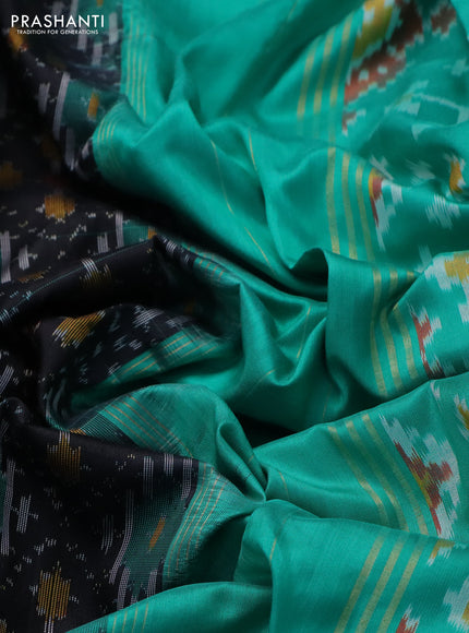 Pochampally silk saree black and teal green with allover ikat weaves and ikat woven zari border