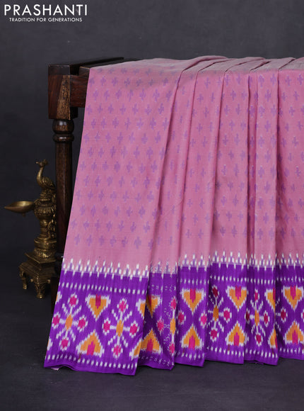 Pochampally silk saree pastel pink and violet with allover ikat butta weaves and temple design ikat woven border