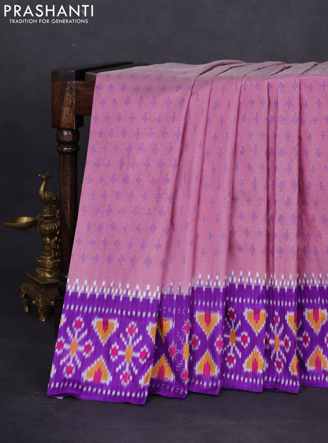 Pochampally silk saree pastel pink and violet with allover ikat butta weaves and temple design ikat woven border