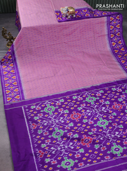 Pochampally silk saree pastel pink and violet with allover ikat butta weaves and temple design ikat woven border