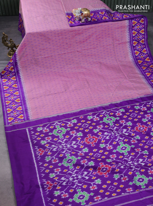 Pochampally silk saree pastel pink and violet with allover ikat butta weaves and temple design ikat woven border