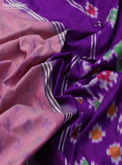 Pochampally silk saree pastel pink and violet with allover ikat butta weaves and temple design ikat woven border