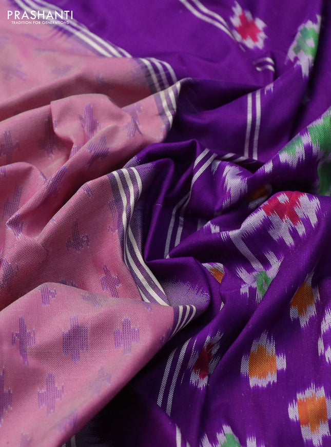 Pochampally silk saree pastel pink and violet with allover ikat butta weaves and temple design ikat woven border