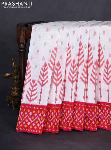 Pochampally silk saree off white and reddish pink with allover ikat butta weaves and ikat woven border