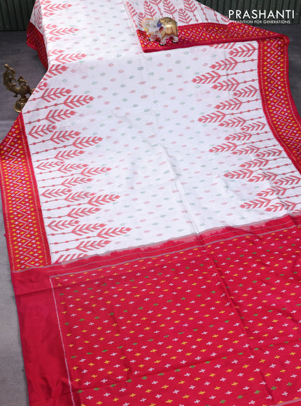 Pochampally silk saree off white and reddish pink with allover ikat butta weaves and ikat woven border
