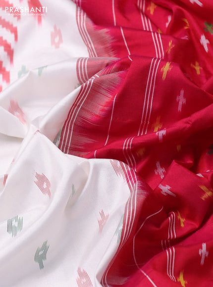 Pochampally silk saree off white and reddish pink with allover ikat butta weaves and ikat woven border