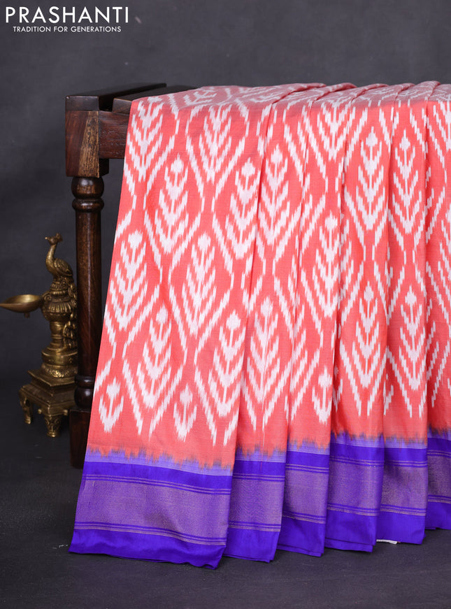 Pochampally silk saree orange and blue with allover ikat weaves and zari woven border