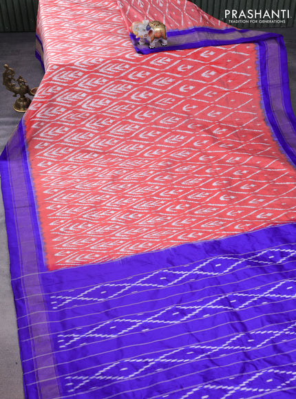Pochampally silk saree orange and blue with allover ikat weaves and zari woven border