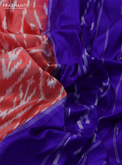 Pochampally silk saree orange and blue with allover ikat weaves and zari woven border