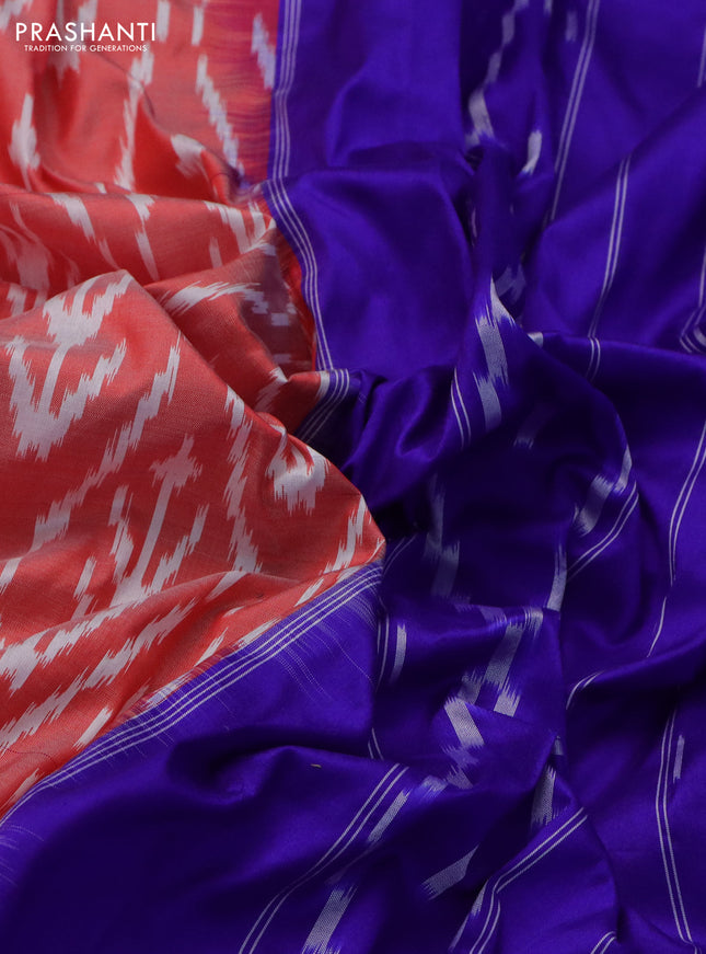 Pochampally silk saree orange and blue with allover ikat weaves and zari woven border