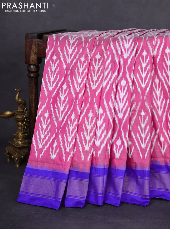 Pochampally silk saree magenta pink and blue with allover ikat weaves and zari woven border