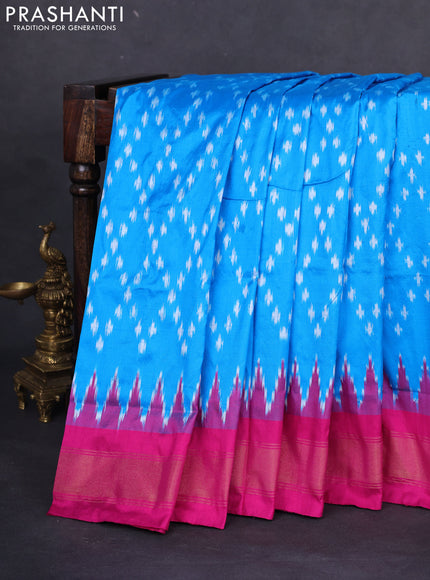 Pochampally silk saree cs blue and pink with allover zig zag ikat weaves and temple design zari woven border