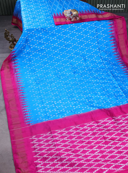 Pochampally silk saree cs blue and pink with allover zig zag ikat weaves and temple design zari woven border