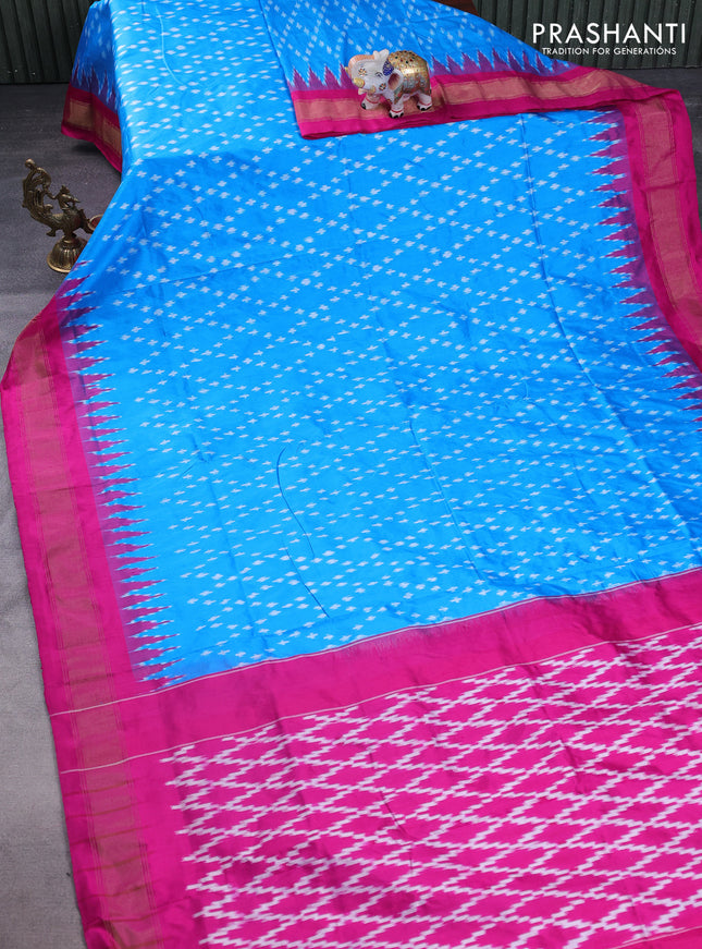 Pochampally silk saree cs blue and pink with allover zig zag ikat weaves and temple design zari woven border