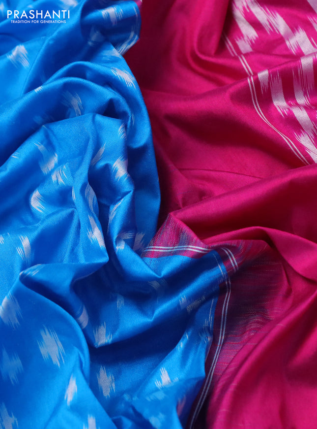 Pochampally silk saree cs blue and pink with allover zig zag ikat weaves and temple design zari woven border