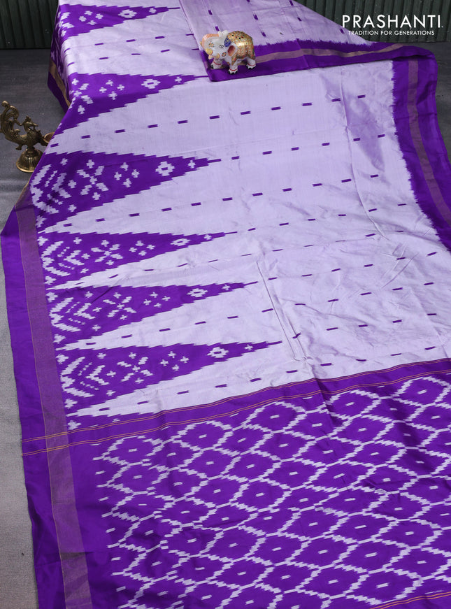 Pochampally silk saree mild lavender and violet with allover ikat butta weaves and temple design ikat woven border