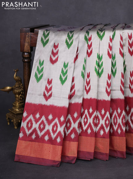 Pochampally silk saree pastel grey and maroon with allover ikat butta weaves and zari woven border