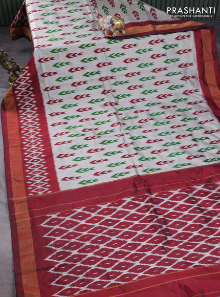 Pochampally silk saree pastel grey and maroon with allover ikat butta weaves and zari woven border