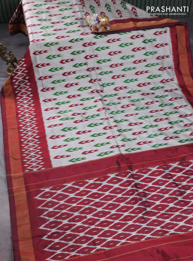 Pochampally silk saree pastel grey and maroon with allover ikat butta weaves and zari woven border