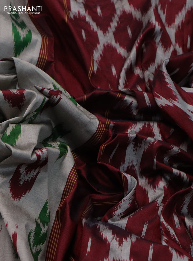 Pochampally silk saree pastel grey and maroon with allover ikat butta weaves and zari woven border