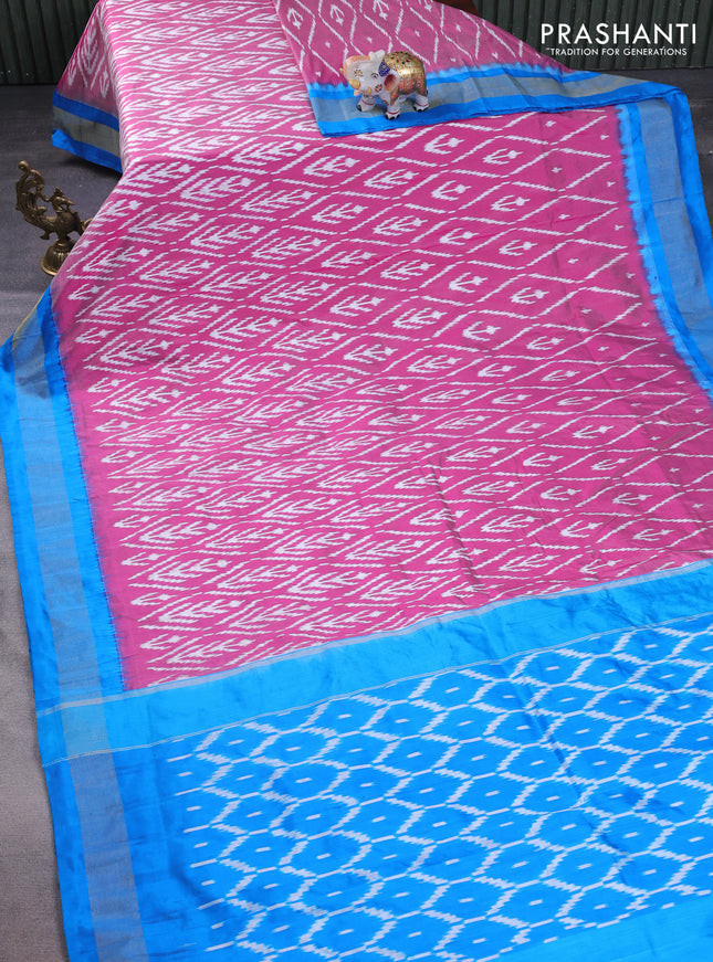 Pochampally silk saree magenta pink and cs blue with allover ikat weaves and zari woven border