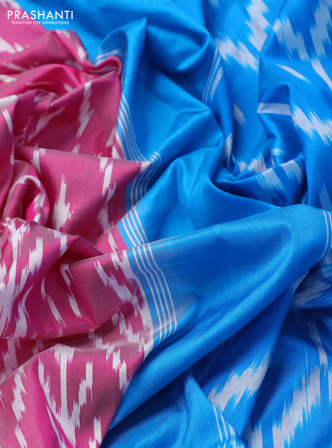 Pochampally silk saree magenta pink and cs blue with allover ikat weaves and zari woven border