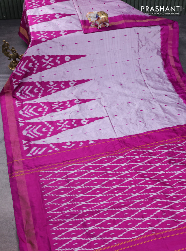 Pochampally silk saree mild lavender and purple with allover ikat butta weaves and temple design ikat woven zari border