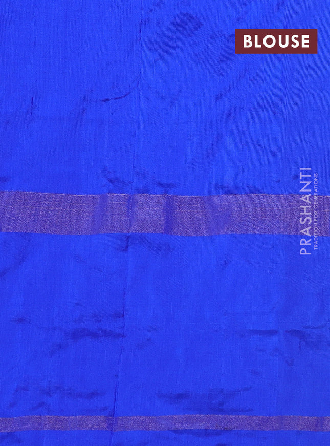 Pochampally silk saree cs blue and blue with allover ikat butta weaves and long zari woven ikat border