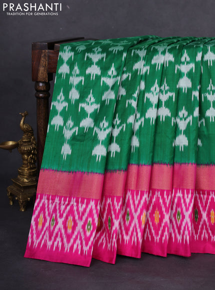 Pochampally silk saree green and pink with allover ikat weaves and long zari woven ikat border