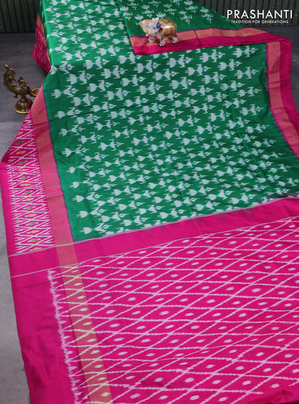 Pochampally silk saree green and pink with allover ikat weaves and long zari woven ikat border