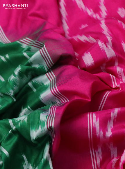 Pochampally silk saree green and pink with allover ikat weaves and long zari woven ikat border
