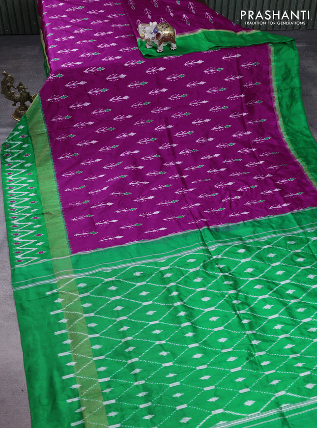Pochampally silk saree magenta pink and green with allover ikat butta weaves and zari woven ikat border