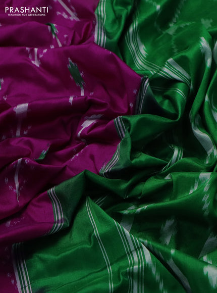 Pochampally silk saree magenta pink and green with allover ikat butta weaves and zari woven ikat border