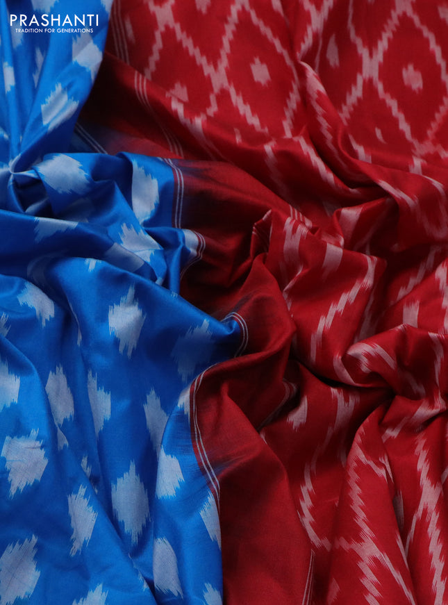 Pochampally silk saree cs blue and red with allover ikat butta weaves and long zari woven ikat border