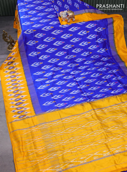 Pochampally silk saree royal blue and mango yellow with allover ikat butta weaves and long zari woven ikat border