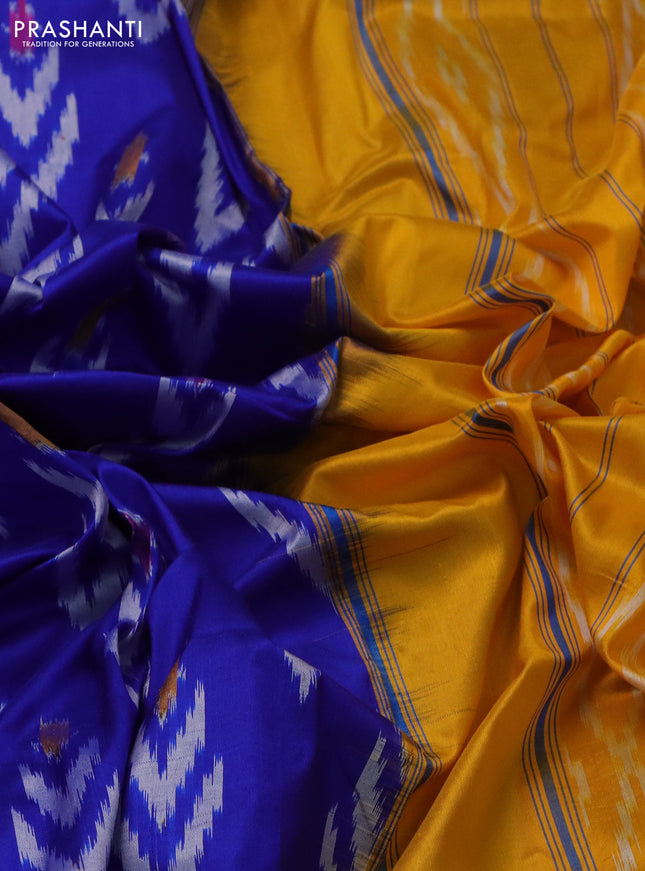 Pochampally silk saree royal blue and mango yellow with allover ikat butta weaves and long zari woven ikat border
